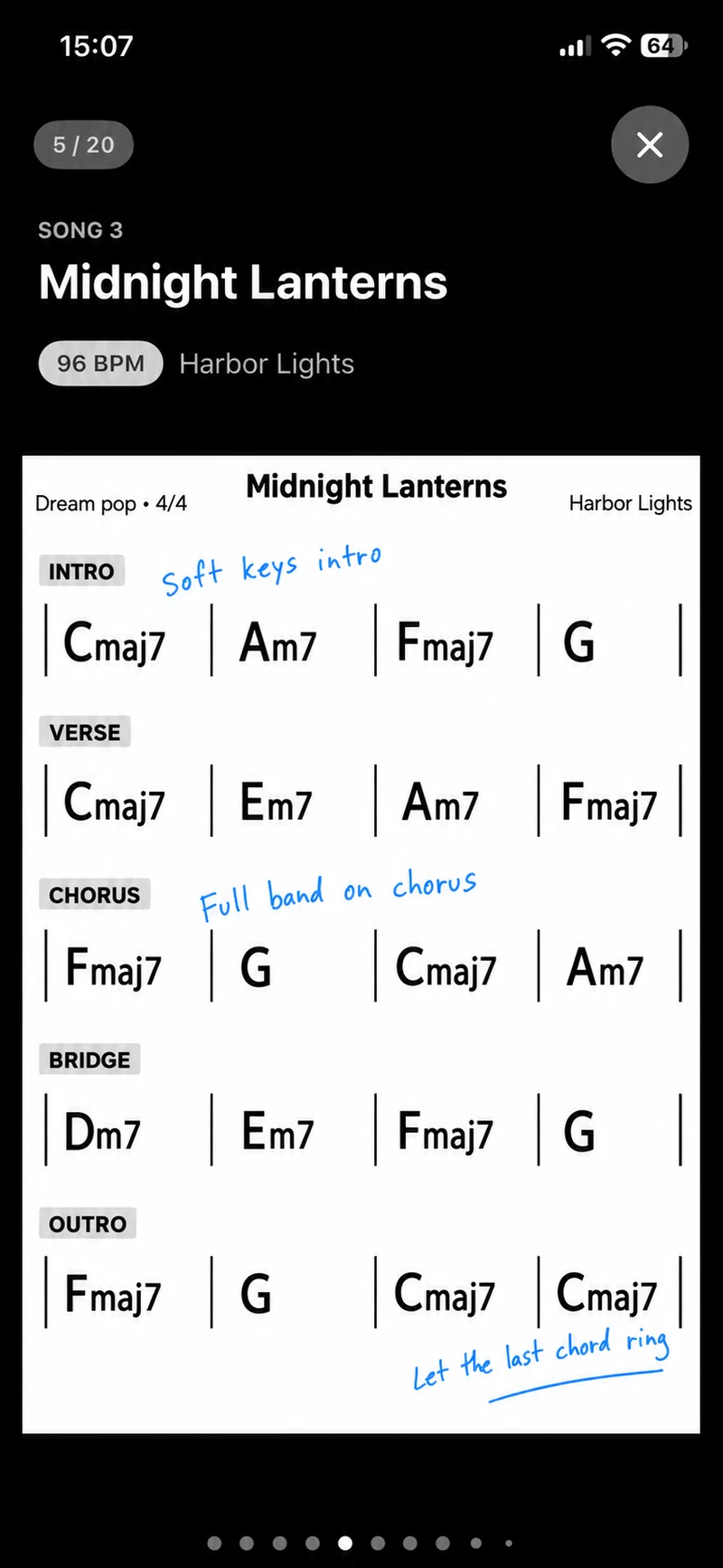 Band Space LIVE mode displaying Midnight Lanterns, a fictional song by Harbor Lights, with tempo, chord chart and arrangement notes
