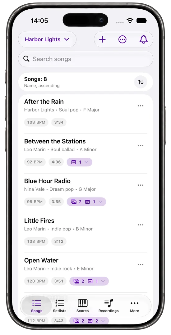 Band Space song library with song keys, tempos and durations